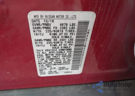 2017 Nissan Rogue Sl z USA, uszkodzony, nr VIN JN8AT2MV0HW003300